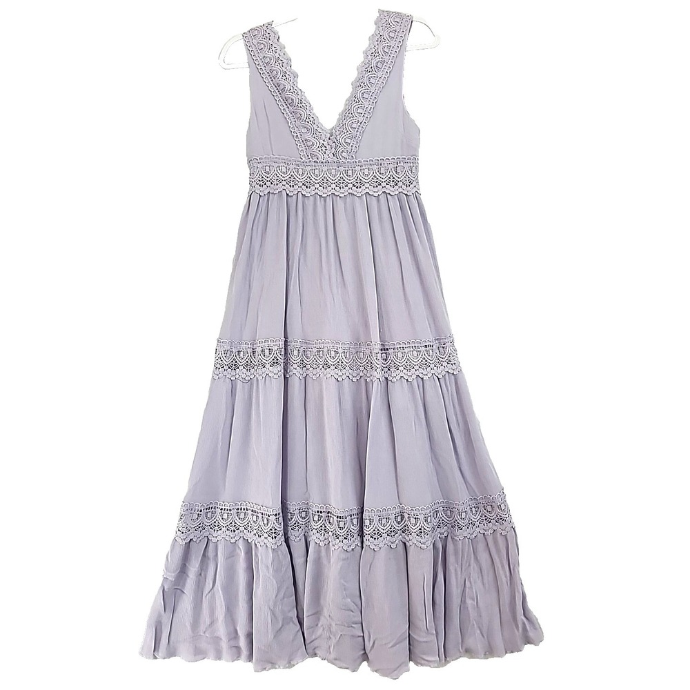 Boho Gypsy Fairy Dress Tiered Lace Lilac Lined Maxi‎ Sz Small